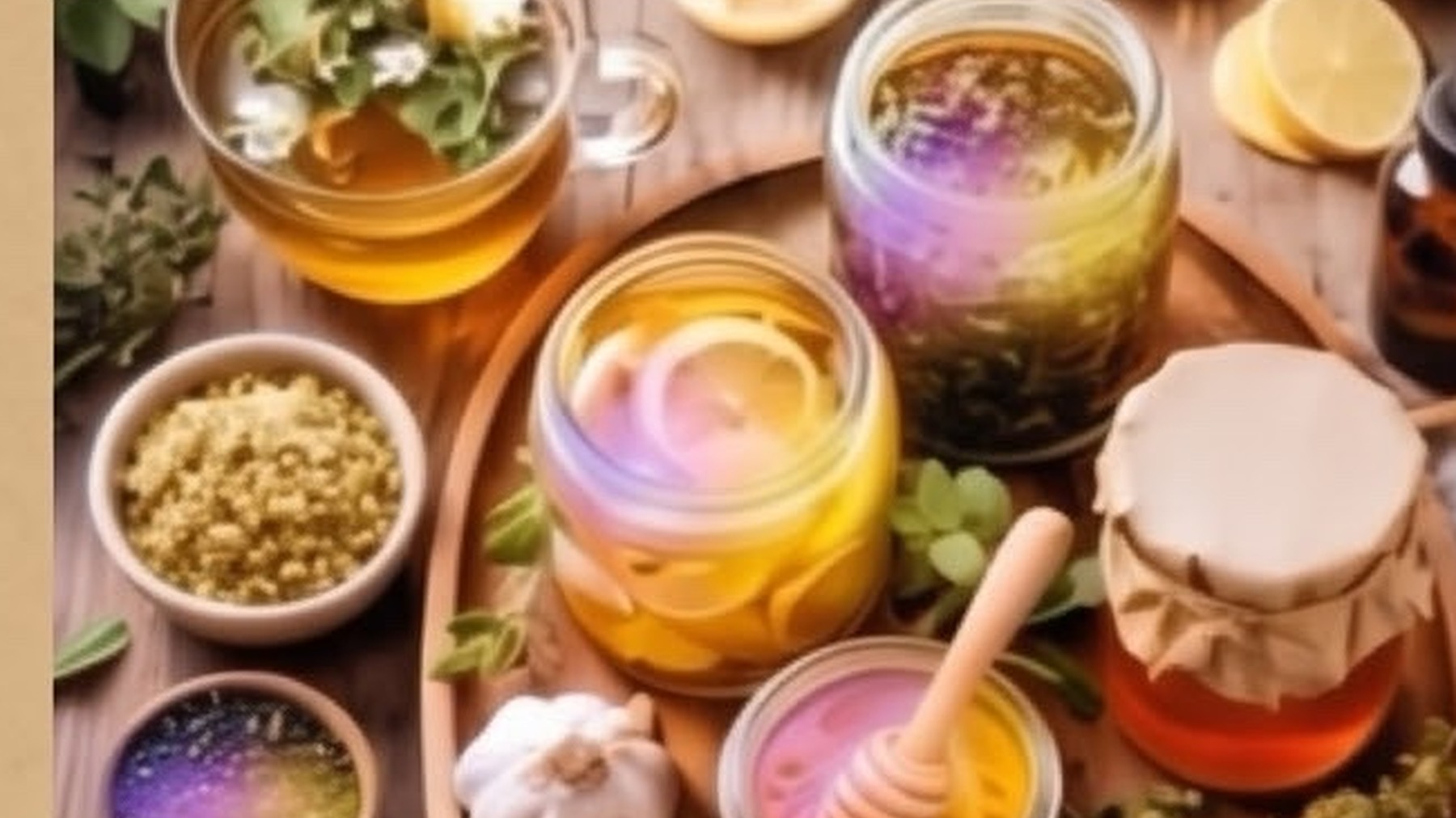Fresh ginger, lemon, garlic, honey, and herbal infusions on wood